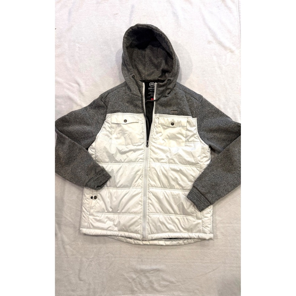 Ecko Unltd Womens Puffer Jacket White Gray Colorblock Hooded Mixed Media Large